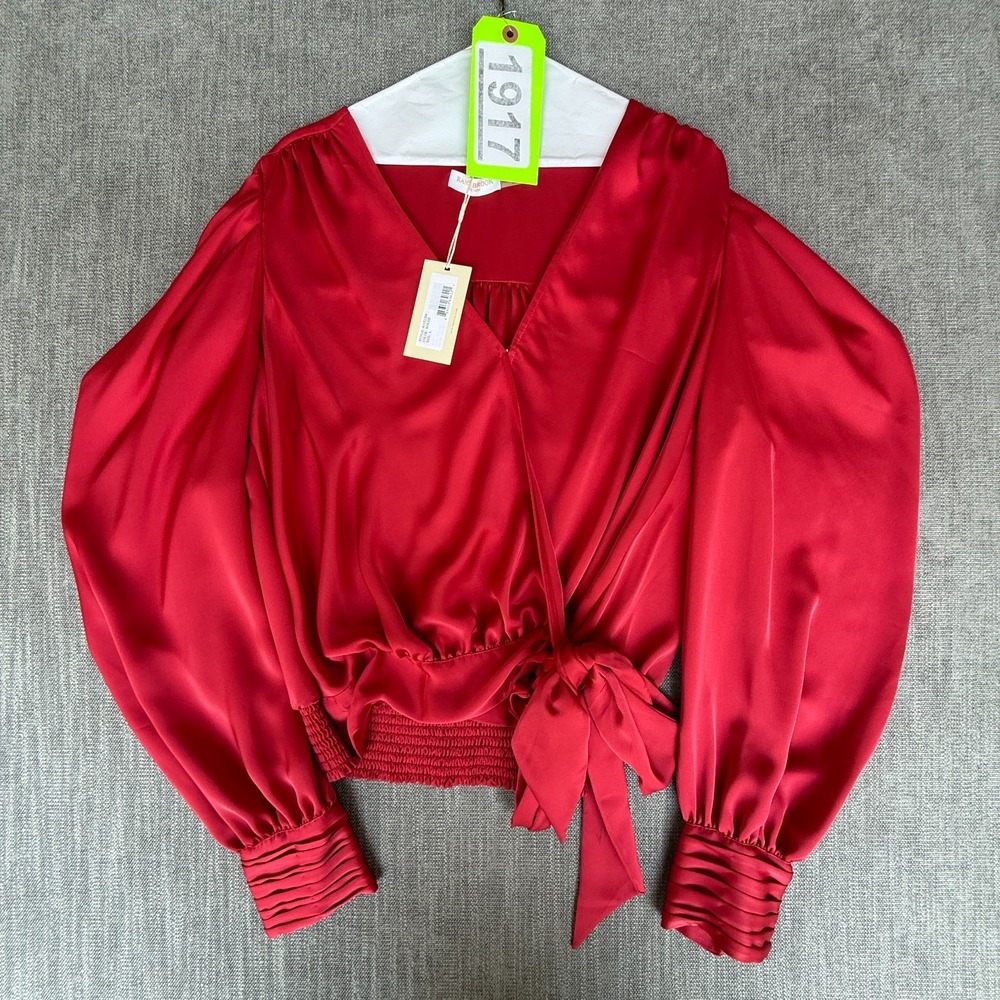 Ramy Brook Allison Wrap Pauline Top Womens Large Red Bishop Sleeve Smocked Waist